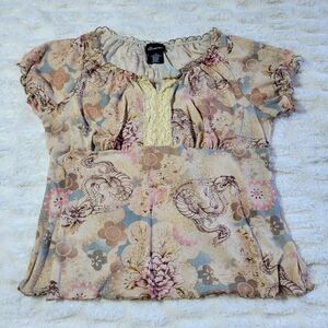 No Boundaries Beige Floral Dragon Blouse